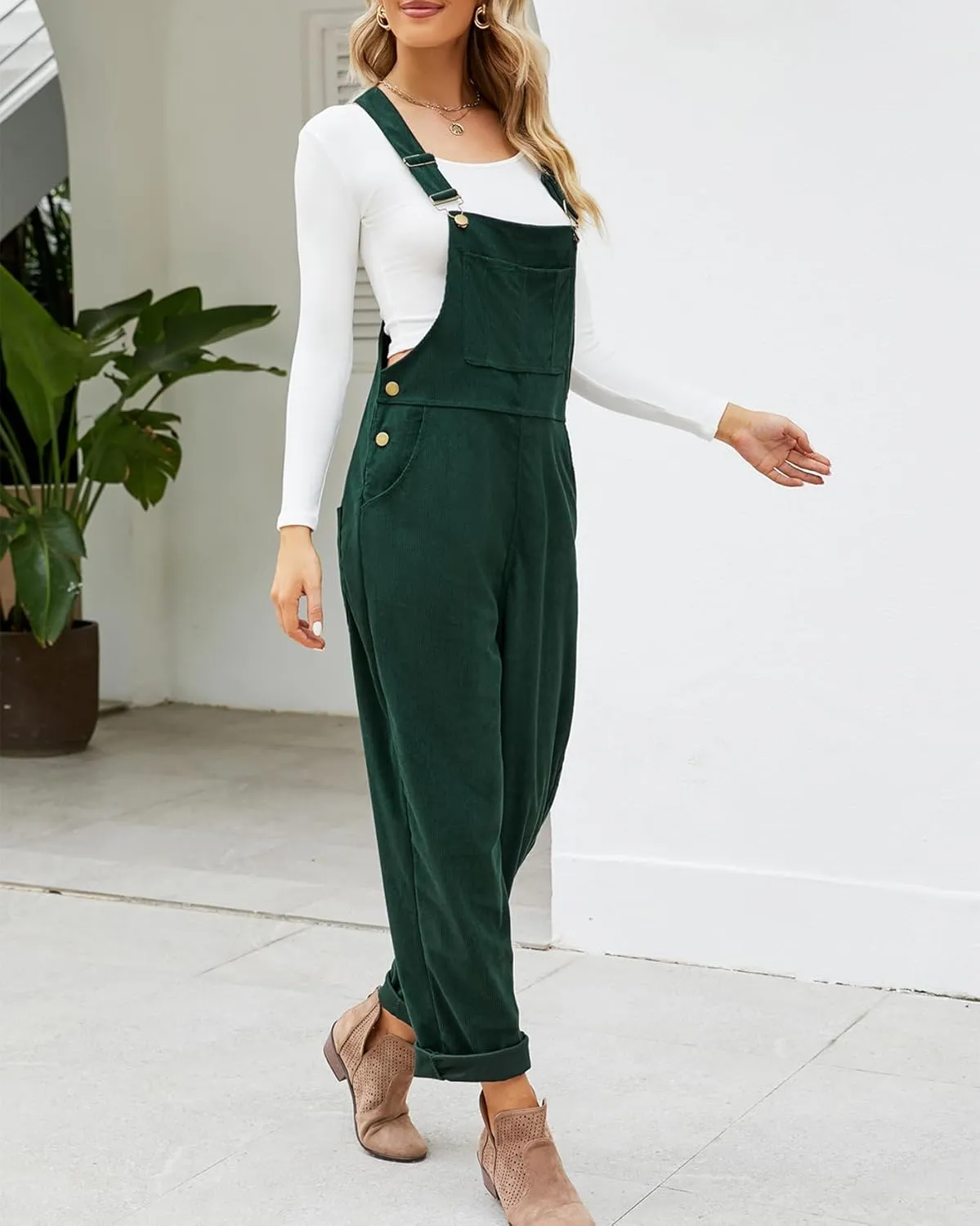 Ladyful Women's Bib Corduroy Overalls Pant Romper Jumpsuit Trouser with Adjustable Straps