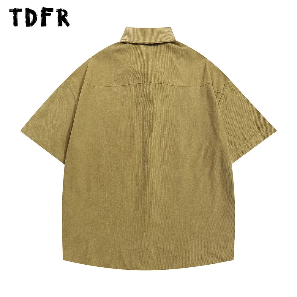 Little Bear Embroidery Corduroy Short Sleeve Shirts - Retro Loose Lapel