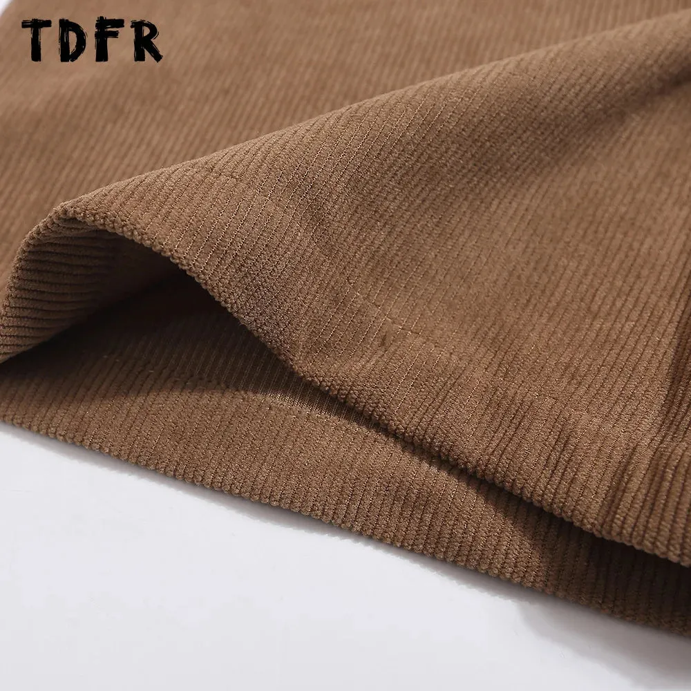 Little Bear Embroidery Corduroy Short Sleeve Shirts - Retro Loose Lapel