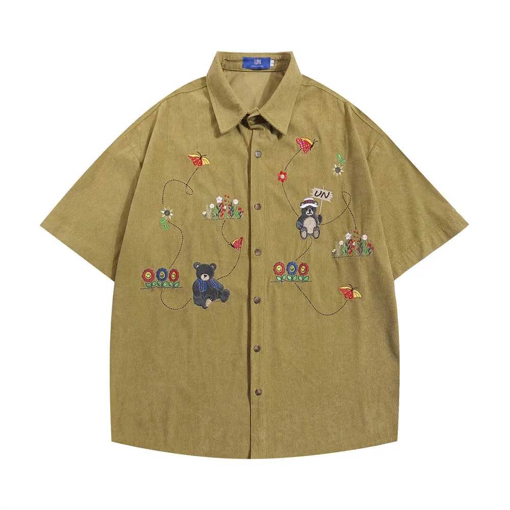Little Bear Embroidery Corduroy Short Sleeve Shirts - Retro Loose Lapel
