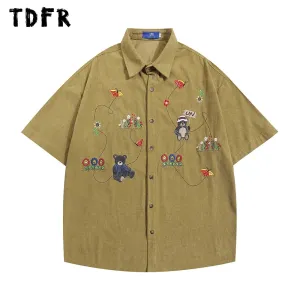 Little Bear Embroidery Corduroy Short Sleeve Shirts - Retro Loose Lapel