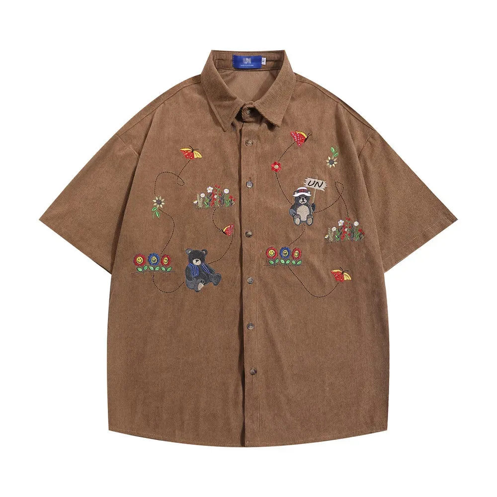 Little Bear Embroidery Corduroy Short Sleeve Shirts - Retro Loose Lapel