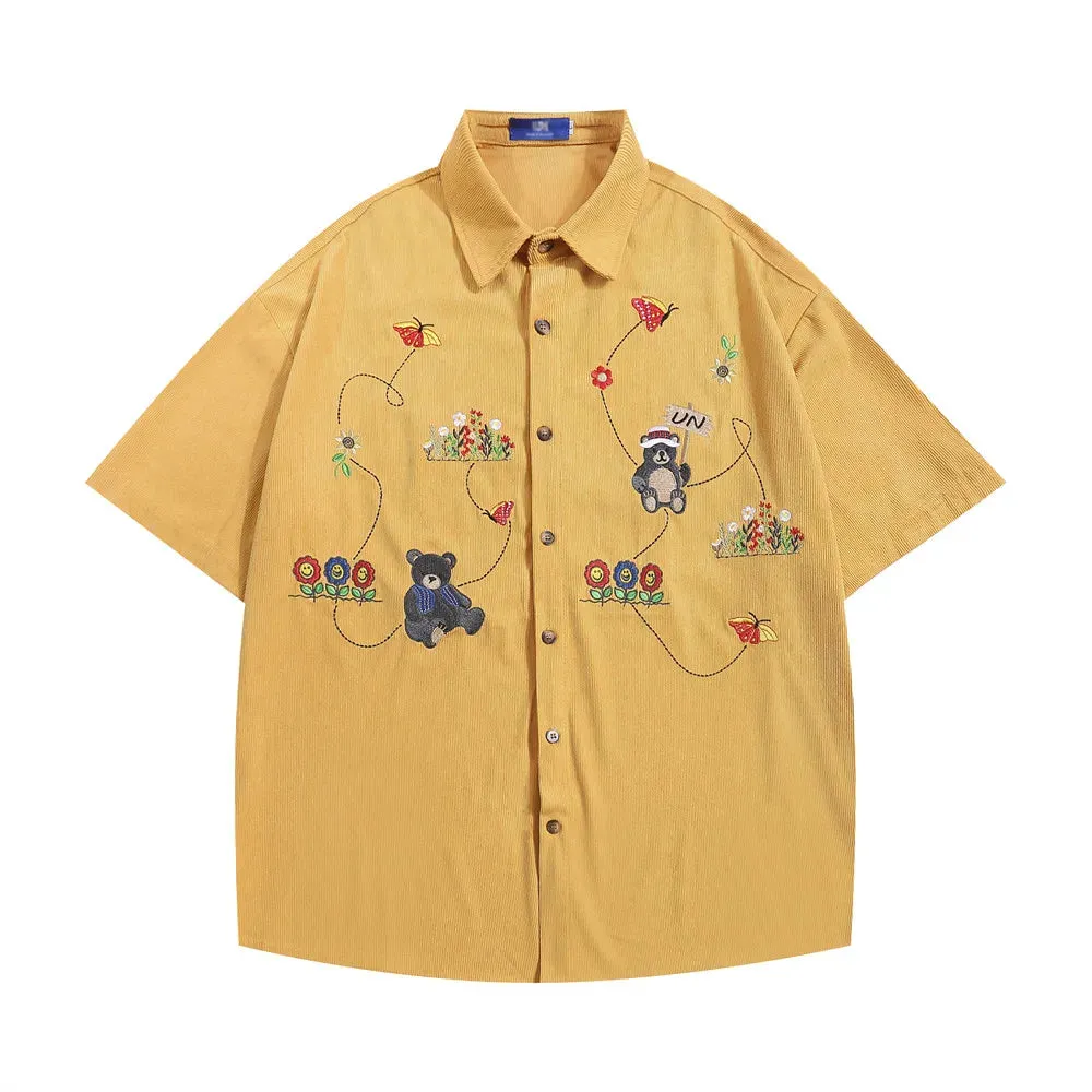 Little Bear Embroidery Corduroy Short Sleeve Shirts - Retro Loose Lapel