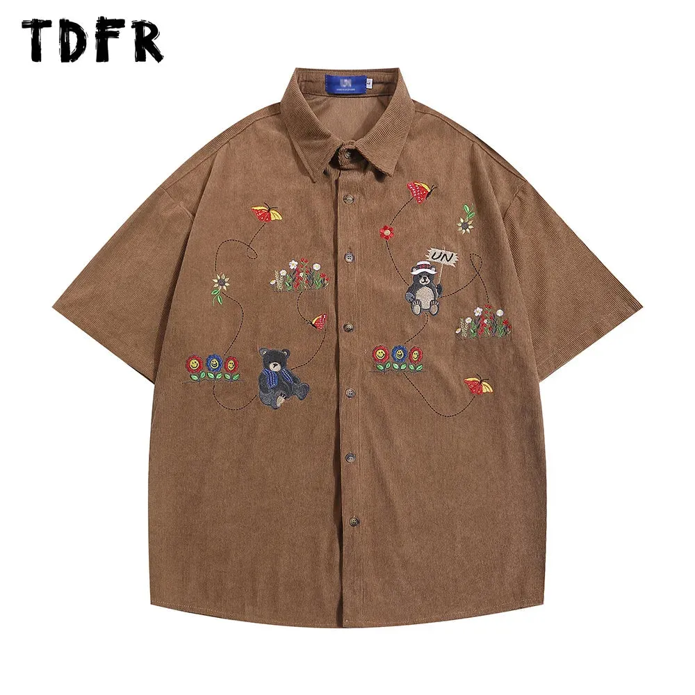 Little Bear Embroidery Corduroy Short Sleeve Shirts - Retro Loose Lapel