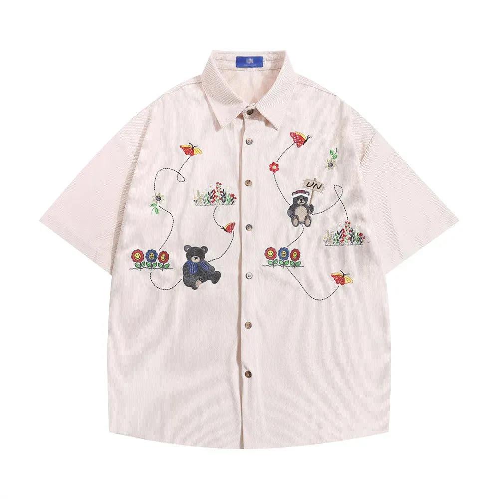 Little Bear Embroidery Corduroy Short Sleeve Shirts - Retro Loose Lapel