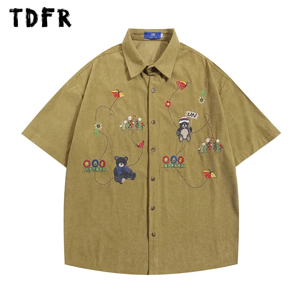 Little Bear Embroidery Corduroy Short Sleeve Shirts - Retro Loose Lapel