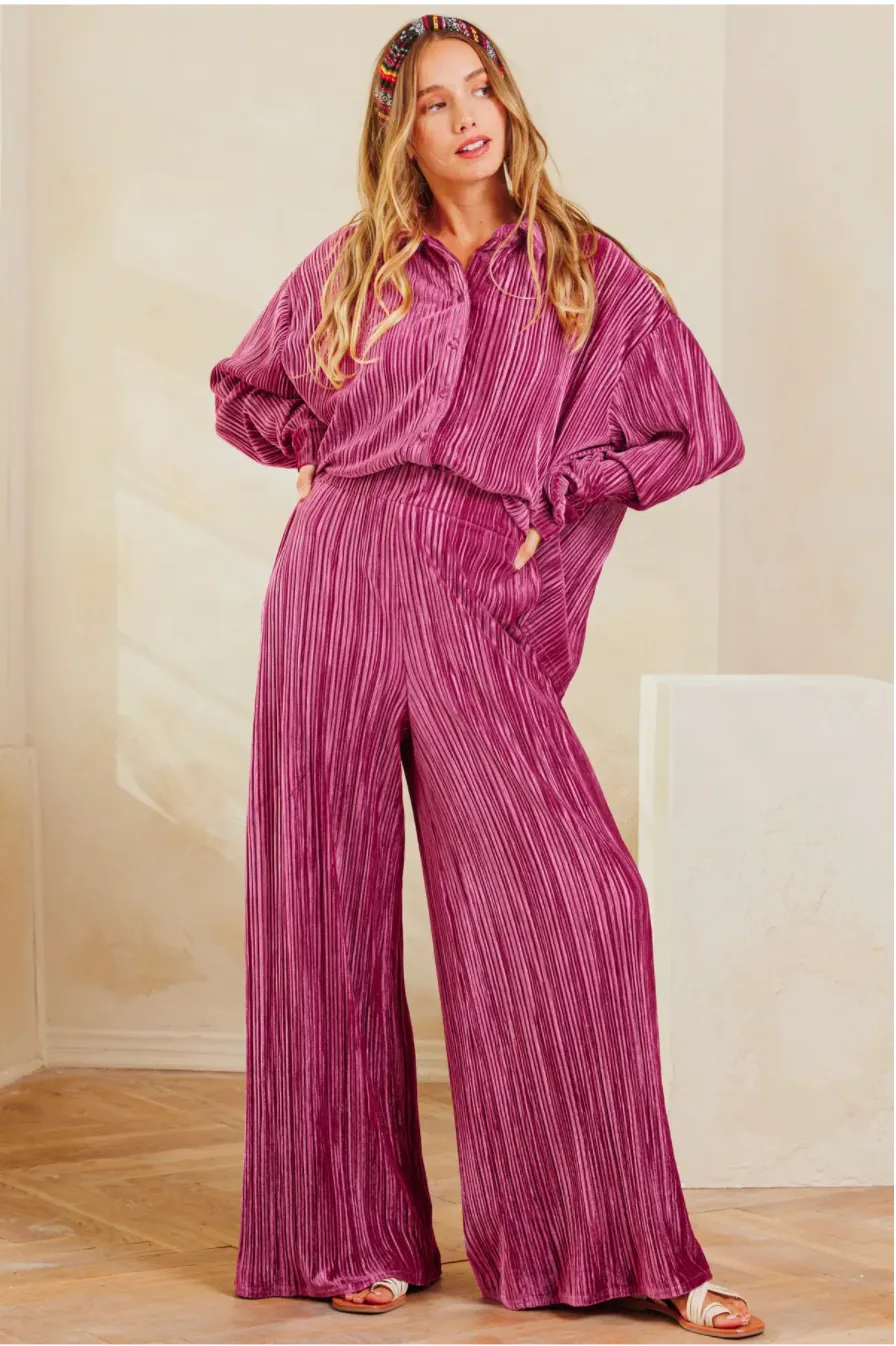 Magenta Velvet Wide Leg Bottoms