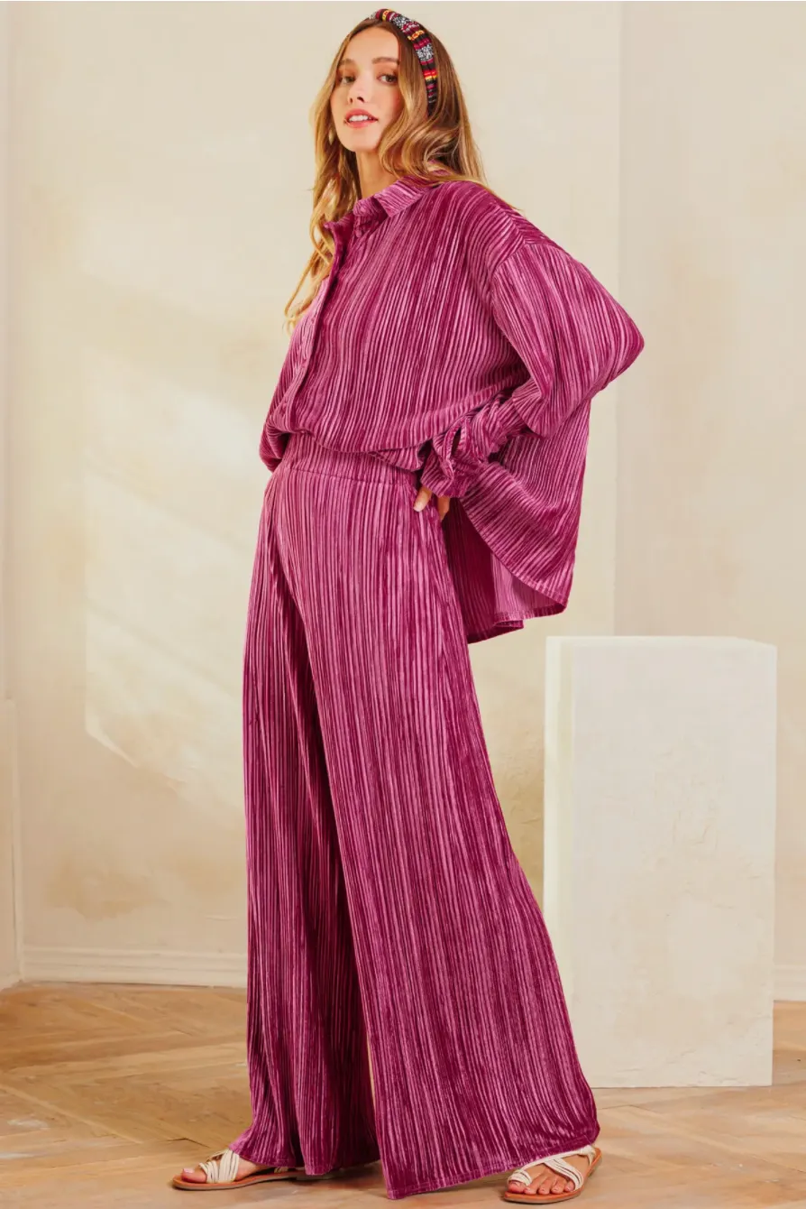 Magenta Velvet Wide Leg Bottoms