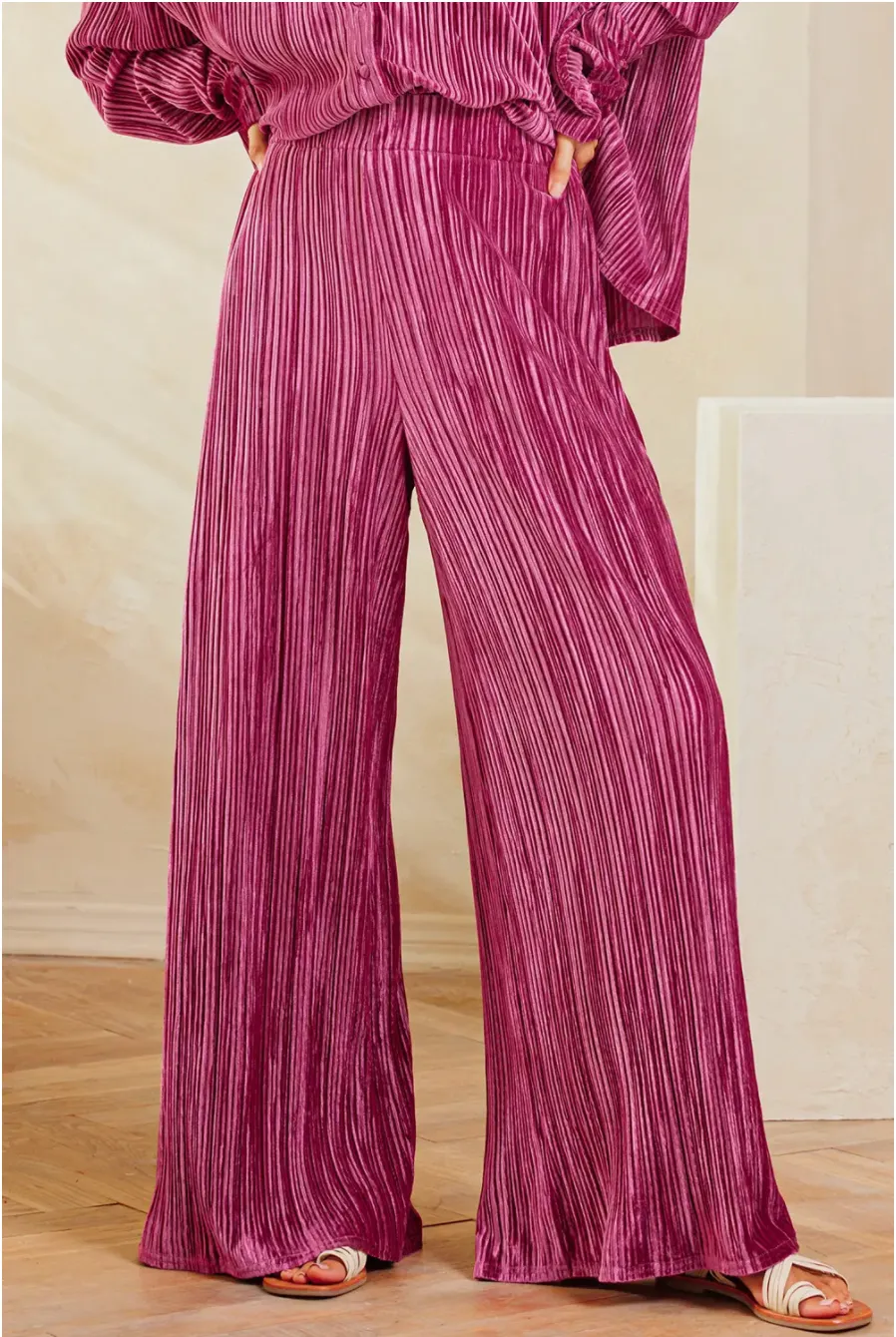 Magenta Velvet Wide Leg Bottoms