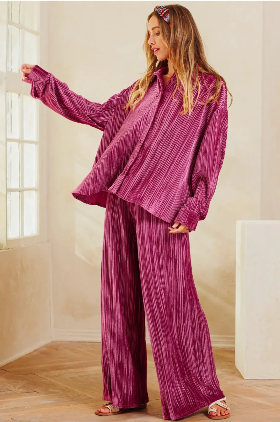 Magenta Velvet Wide Leg Bottoms