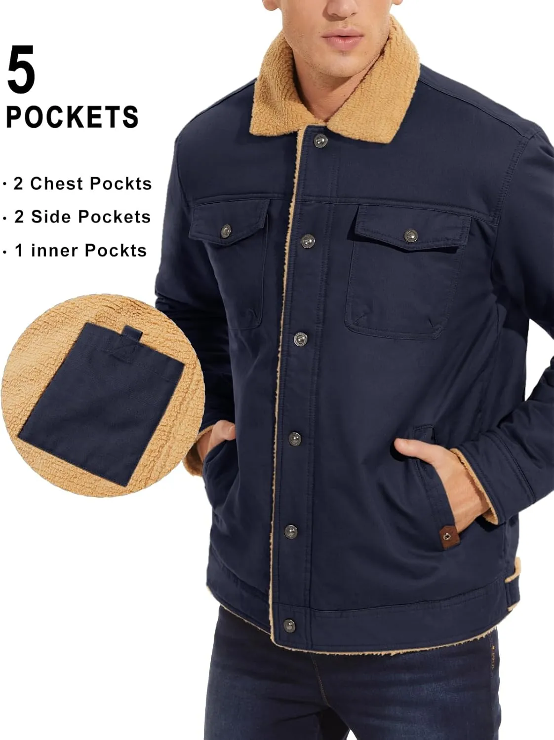 MAGNIVIT Men's Cotton Cargo Jacket Winter Sherpa Fleece Lined Work Jacket Coats with 5 Pockets
