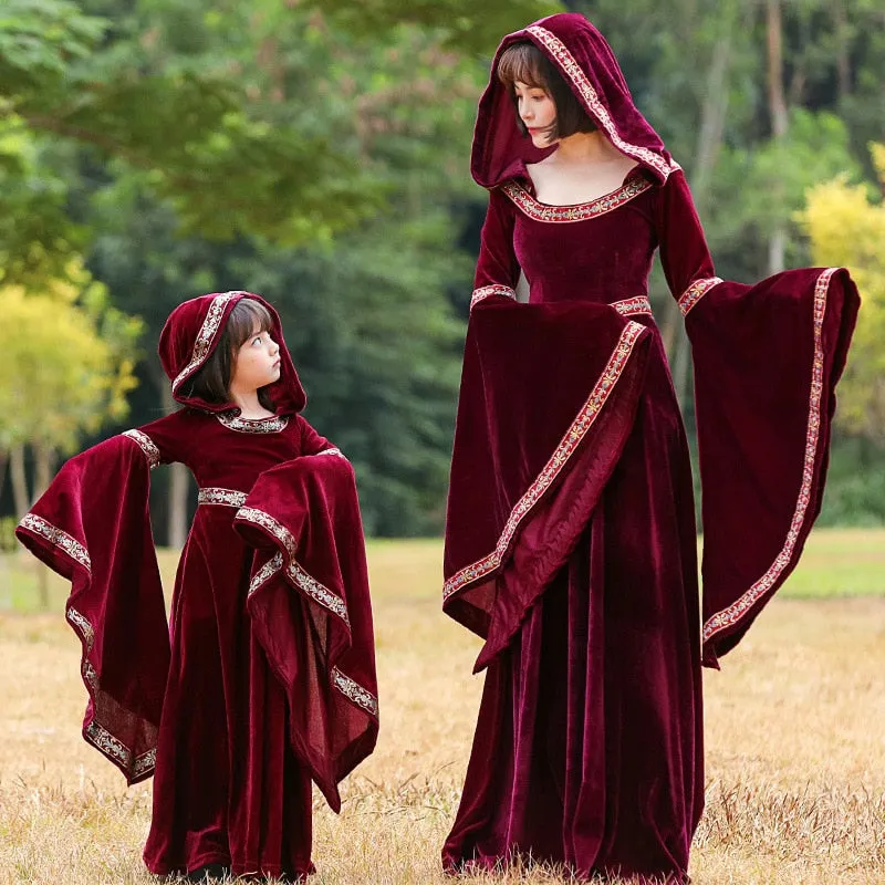 Medieval Court Hooded Dresses Matching Outfits Red Robes Costume