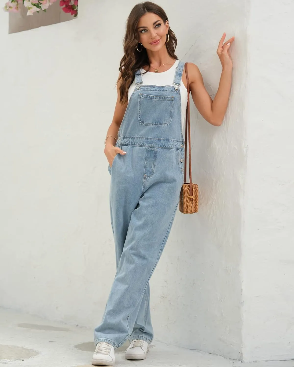 Meikulo Womens Casual Boyfriend Jeans Overall Denim Bib Adjustable Straps Wide Legs Retro Loose Fit Jumpsuit With Pocket