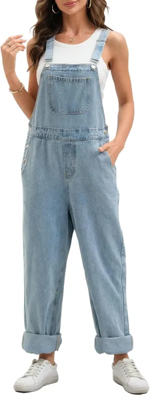 Meikulo Womens Casual Boyfriend Jeans Overall Denim Bib Adjustable Straps Wide Legs Retro Loose Fit Jumpsuit With Pocket