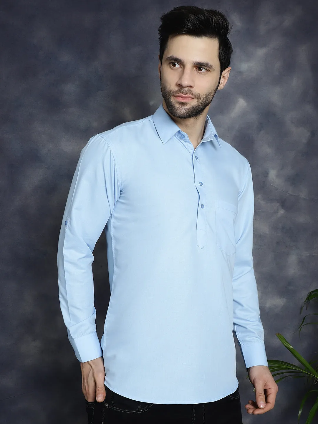 Men'S Light Blue Solid Short Kurtas