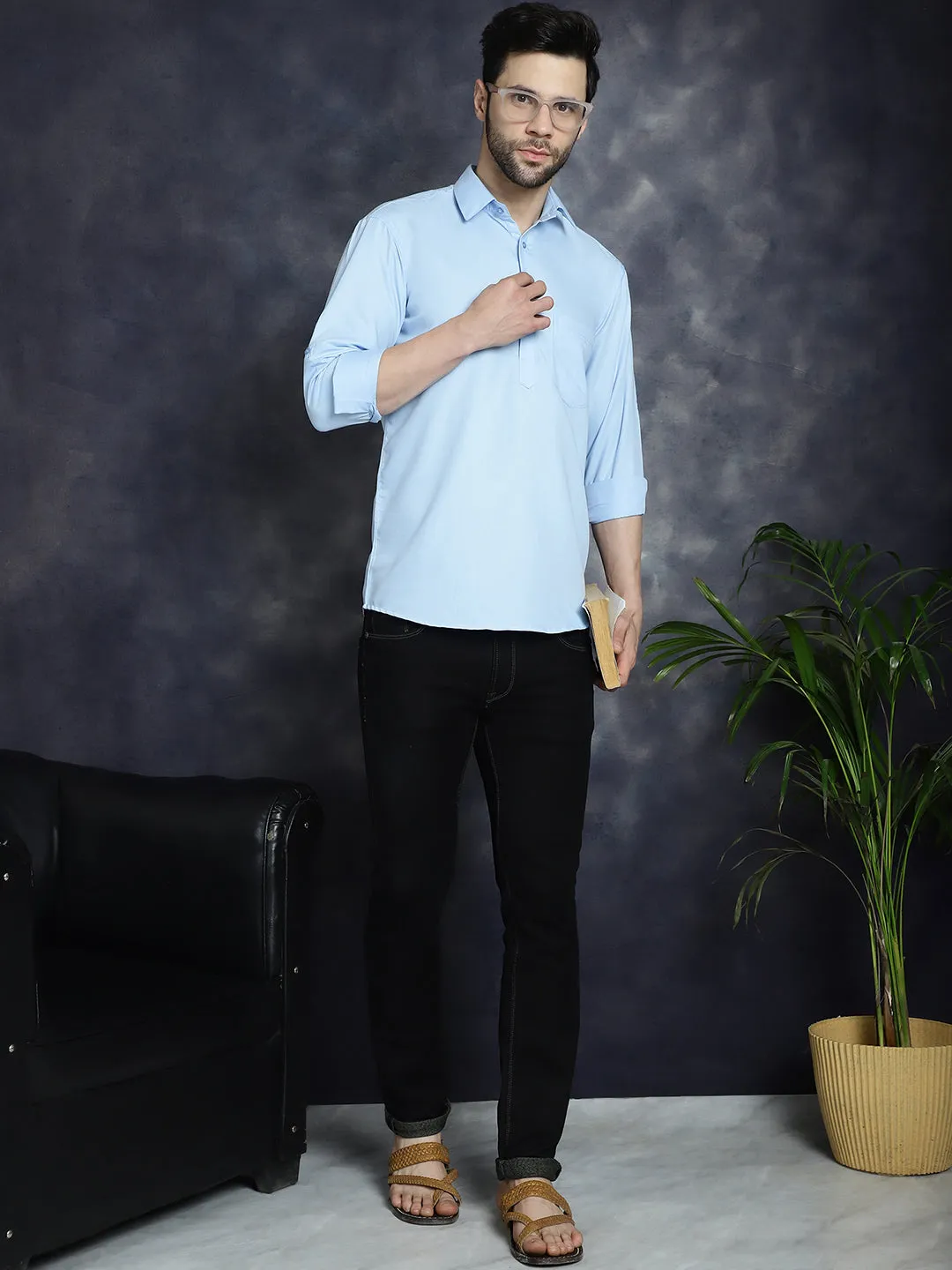 Men'S Light Blue Solid Short Kurtas