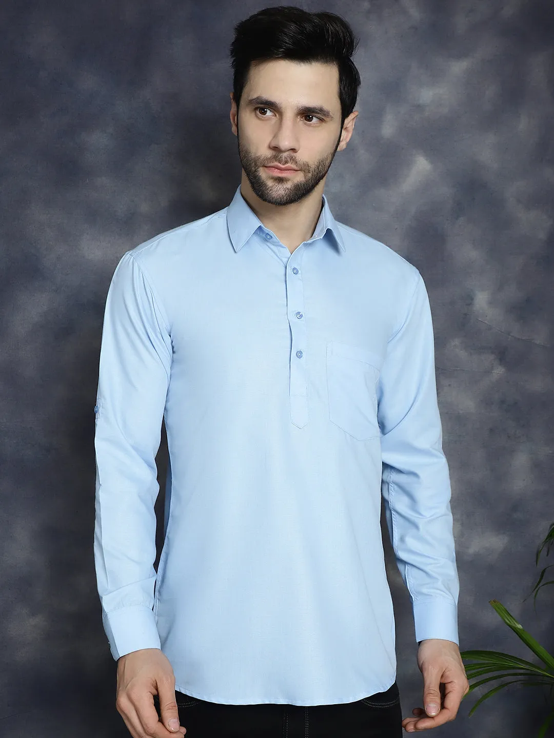 Men'S Light Blue Solid Short Kurtas