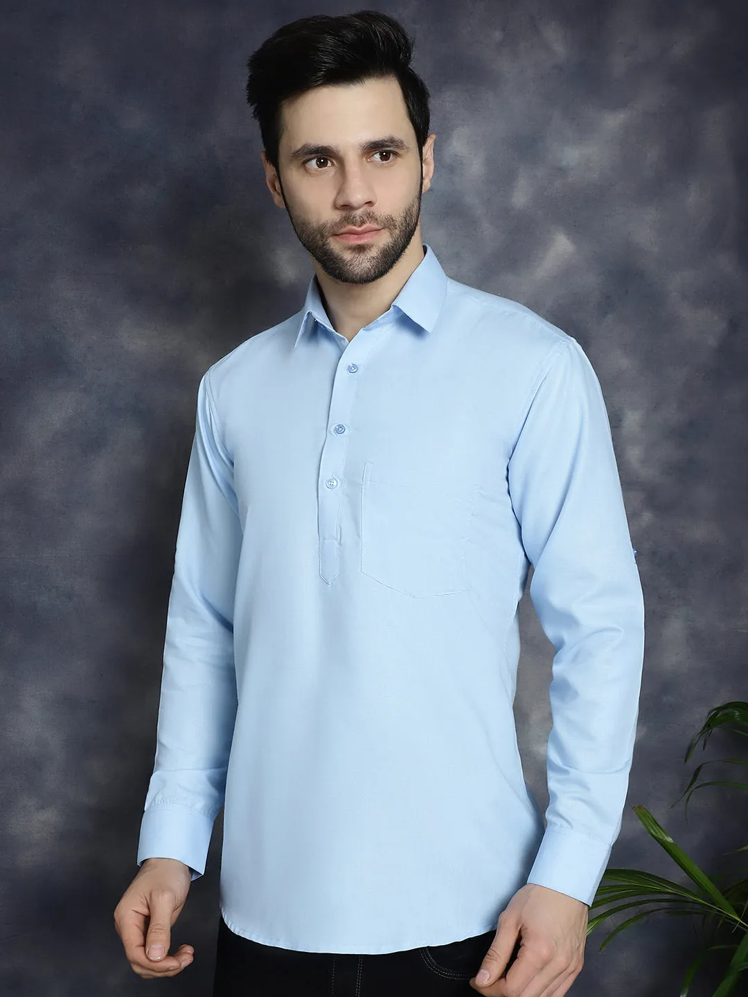 Men'S Light Blue Solid Short Kurtas