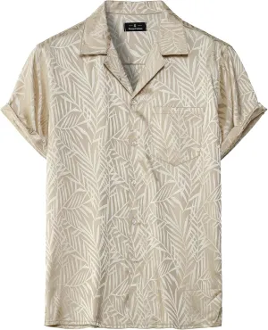 Mens Shiny Satin Silk-Like Designer Shirt Summer Regular Fit Short Sleeve Button Up Floral Shirt with Pocket