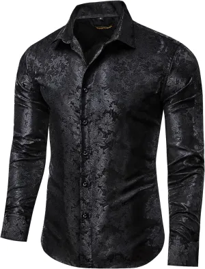 Mens Silk Paisley Dress Shirt Casual Button Down Shirt Long Sleeve Western Floral Shirts Wedding Party Holiday