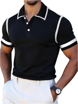 Men's Striped Collared T Shirt Short Sleeve Button Front Golf Shirt Casual Work Tops