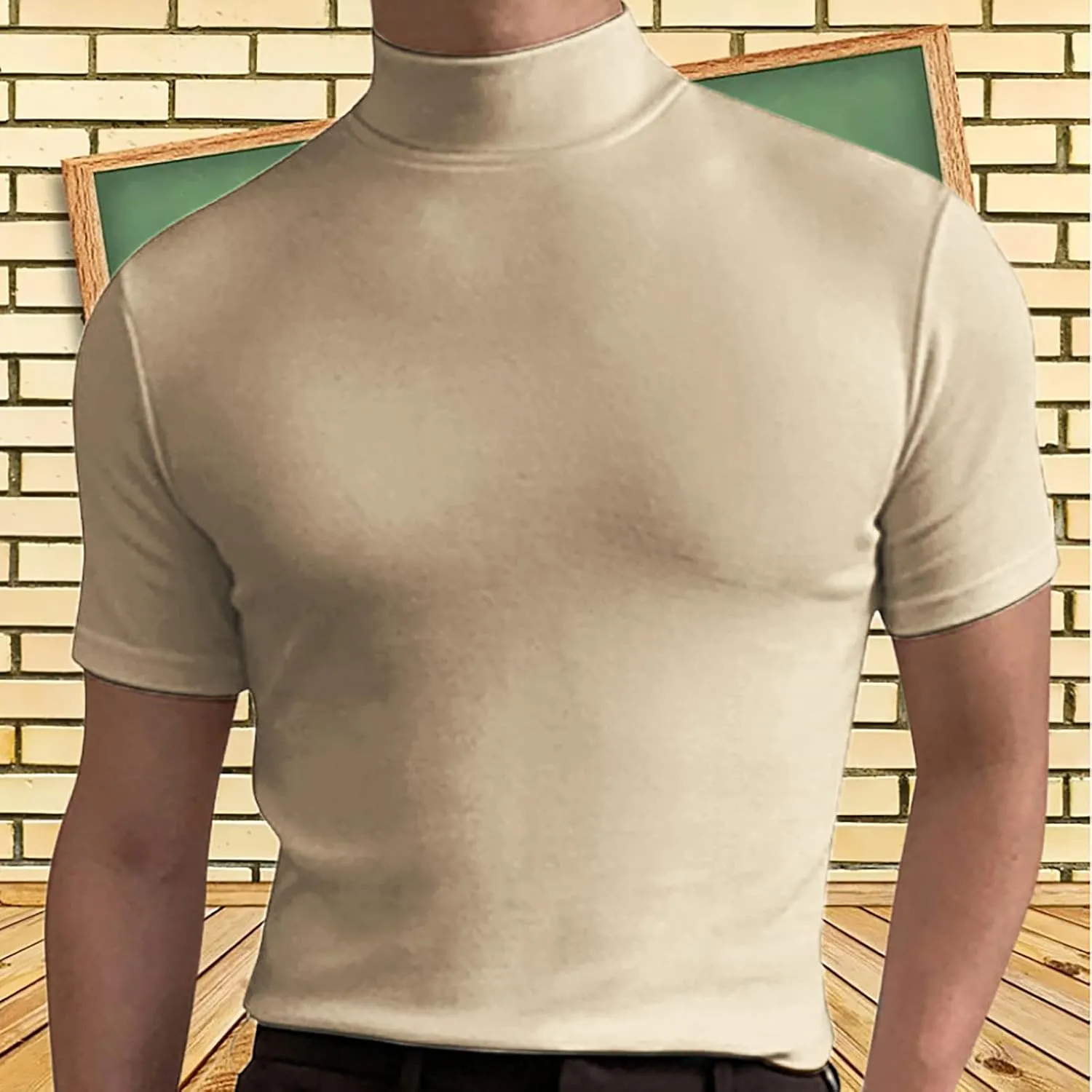 Men's Summer Mock Turtleneck T Shirt Solid High Collar Short Sleeve Tops Basic Slim Undershirt Tees