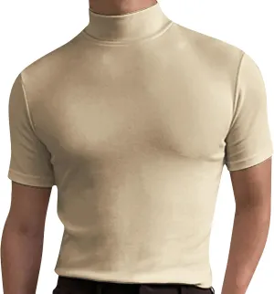 Men's Summer Mock Turtleneck T Shirt Solid High Collar Short Sleeve Tops Basic Slim Undershirt Tees