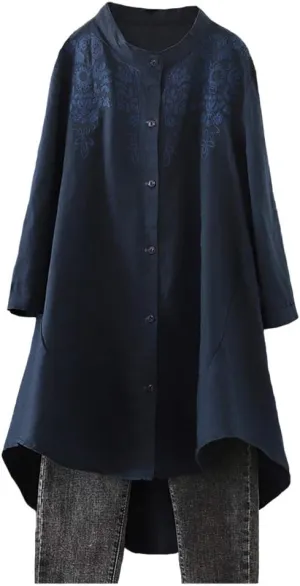 Minibee Women's Cotton Linen Shirt High Low Button Down Embroidered Blouse Long Sleeve Tunic Tops with Pocket