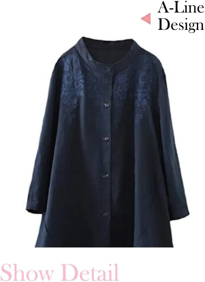 Minibee Women's Cotton Linen Shirt High Low Button Down Embroidered Blouse Long Sleeve Tunic Tops with Pocket