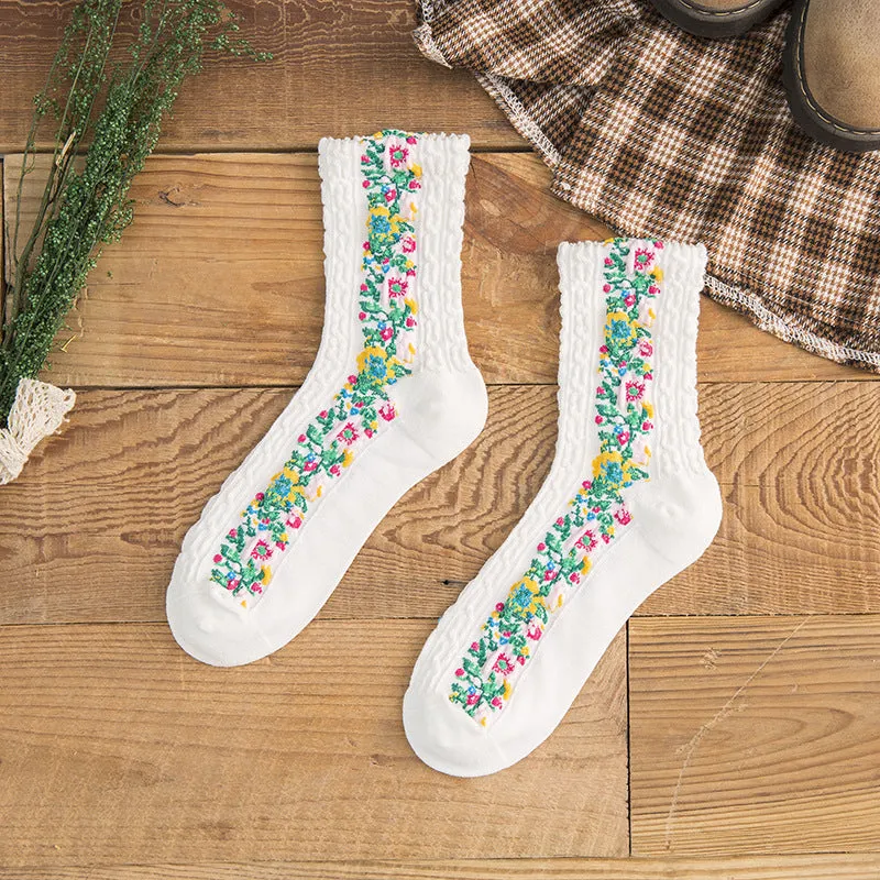 National style court pattern small broken flower socks women's cotton personalized middle tube boots socks retro color women's socks
