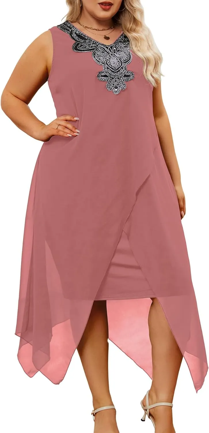 OCSTRADE Womens Plus Size Chiffon Dress Loose Sleeveless Flowy Cocktail Party Midi Dresses