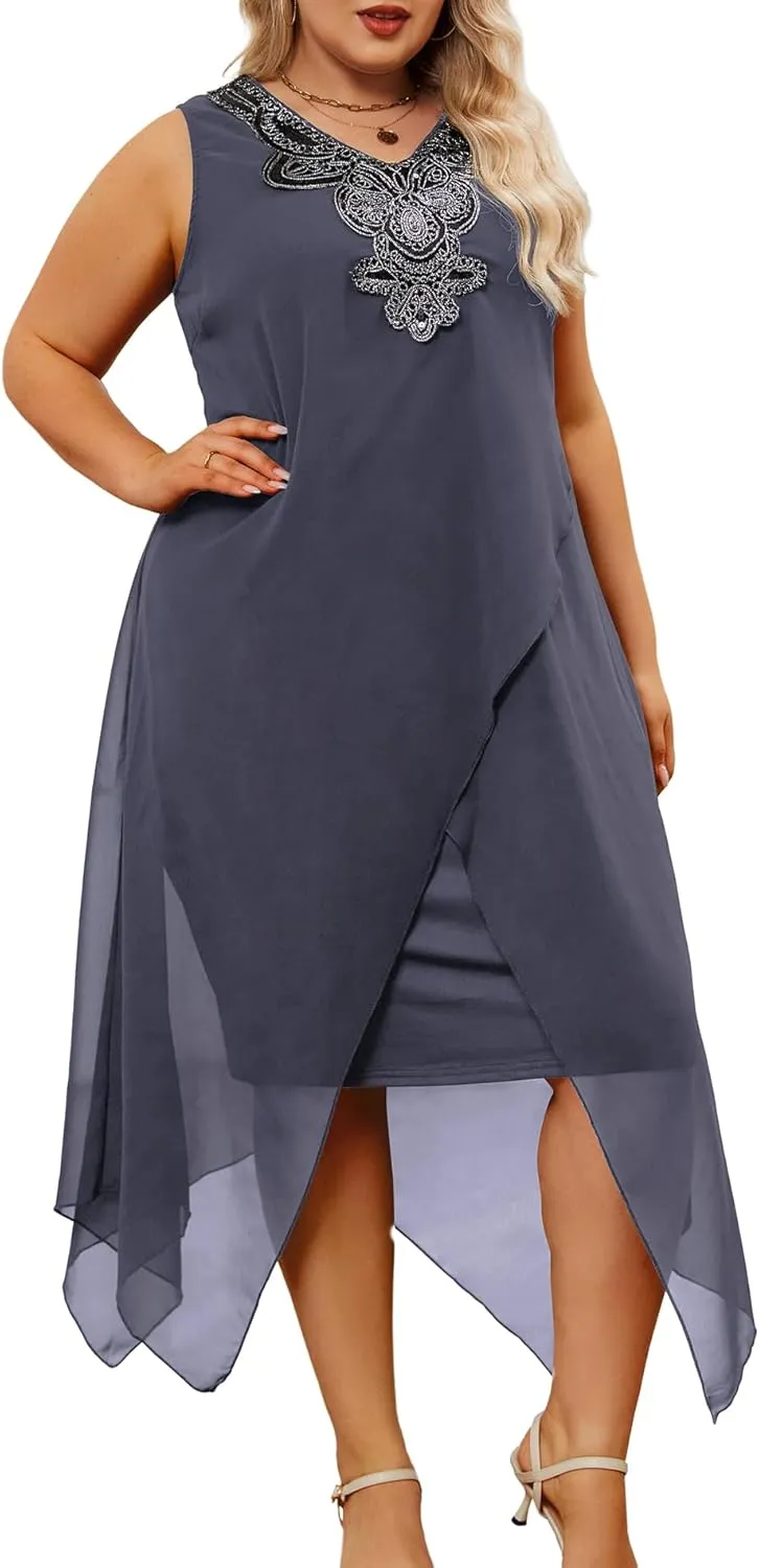 OCSTRADE Womens Plus Size Chiffon Dress Loose Sleeveless Flowy Cocktail Party Midi Dresses