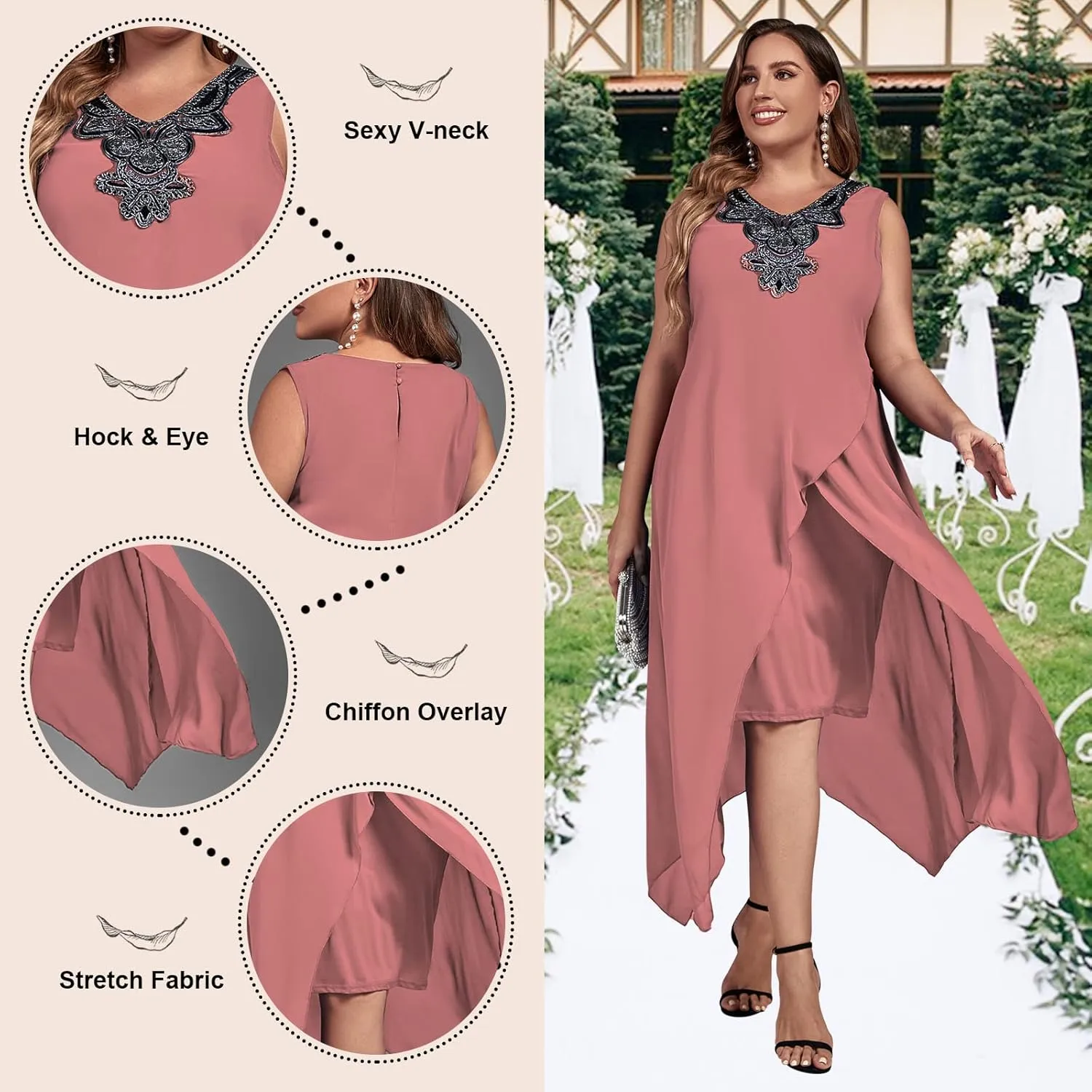OCSTRADE Womens Plus Size Chiffon Dress Loose Sleeveless Flowy Cocktail Party Midi Dresses
