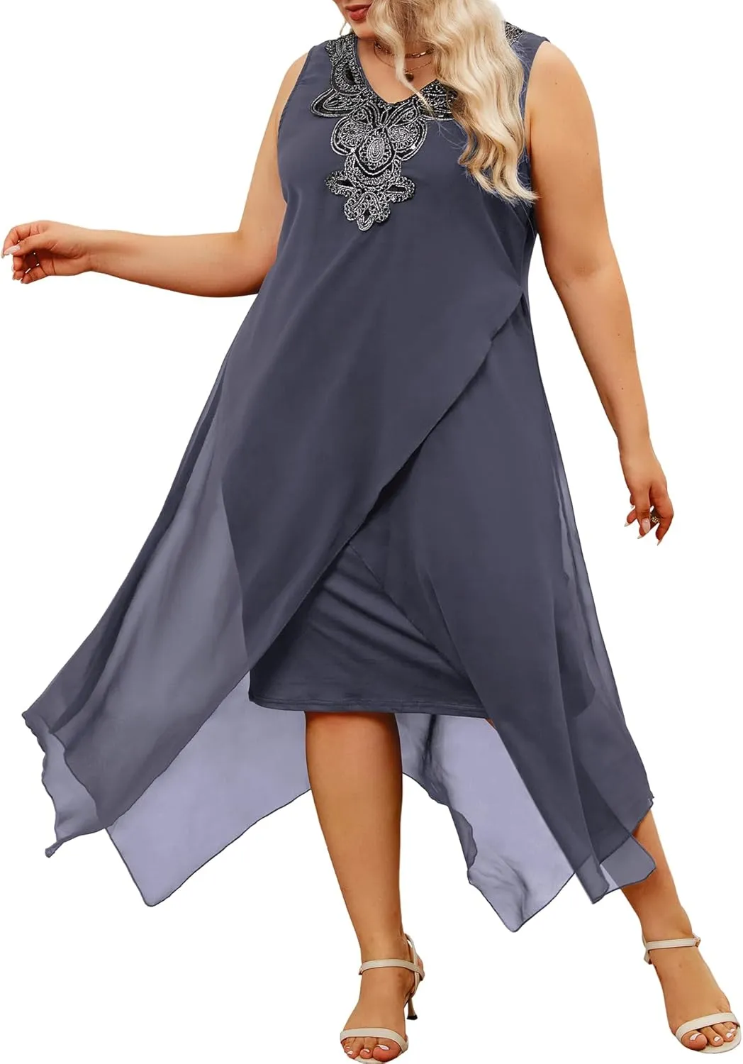 OCSTRADE Womens Plus Size Chiffon Dress Loose Sleeveless Flowy Cocktail Party Midi Dresses