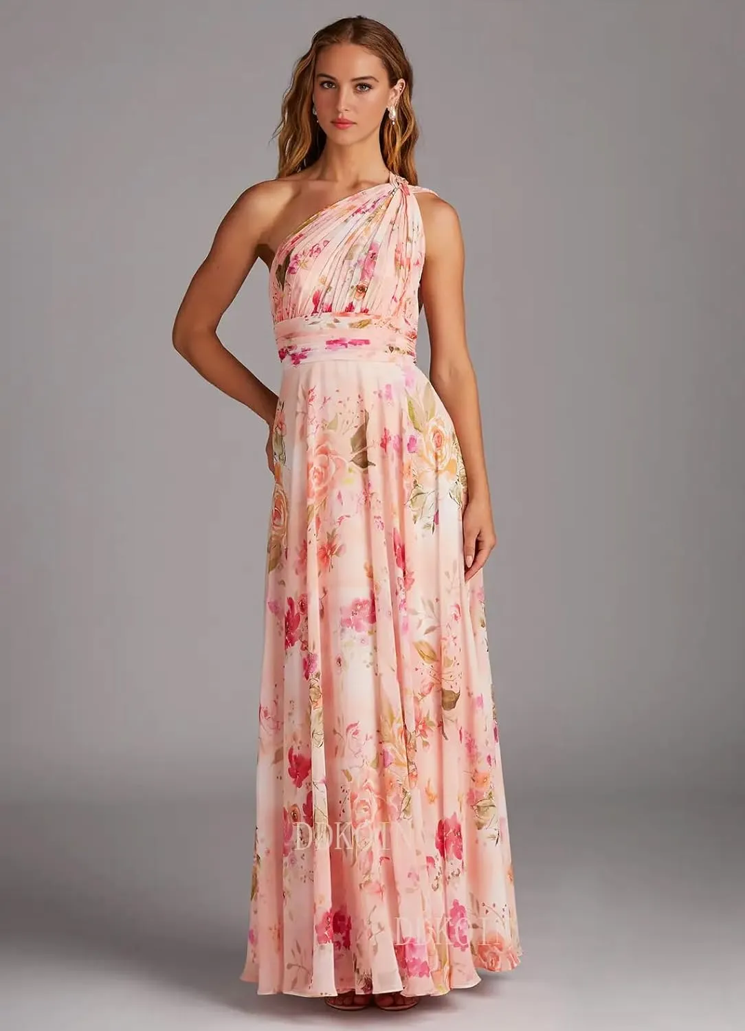 One Shoulder Bridesmaid Dresses for Women A Line Pleated Chiffon Long Formal Wedding Guest Dress with Pockets