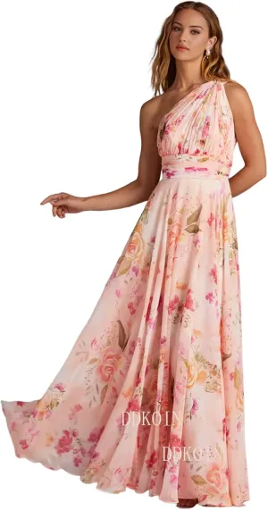 One Shoulder Bridesmaid Dresses for Women A Line Pleated Chiffon Long Formal Wedding Guest Dress with Pockets