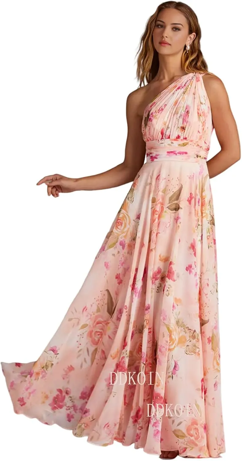 One Shoulder Bridesmaid Dresses for Women A Line Pleated Chiffon Long Formal Wedding Guest Dress with Pockets