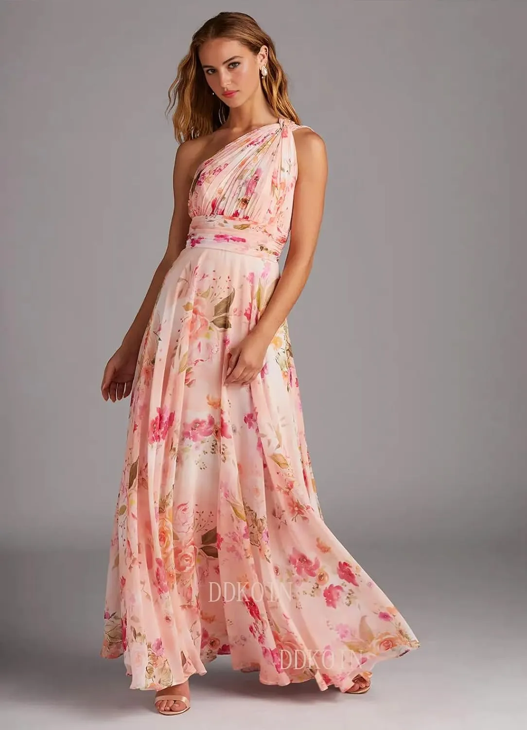 One Shoulder Bridesmaid Dresses for Women A Line Pleated Chiffon Long Formal Wedding Guest Dress with Pockets
