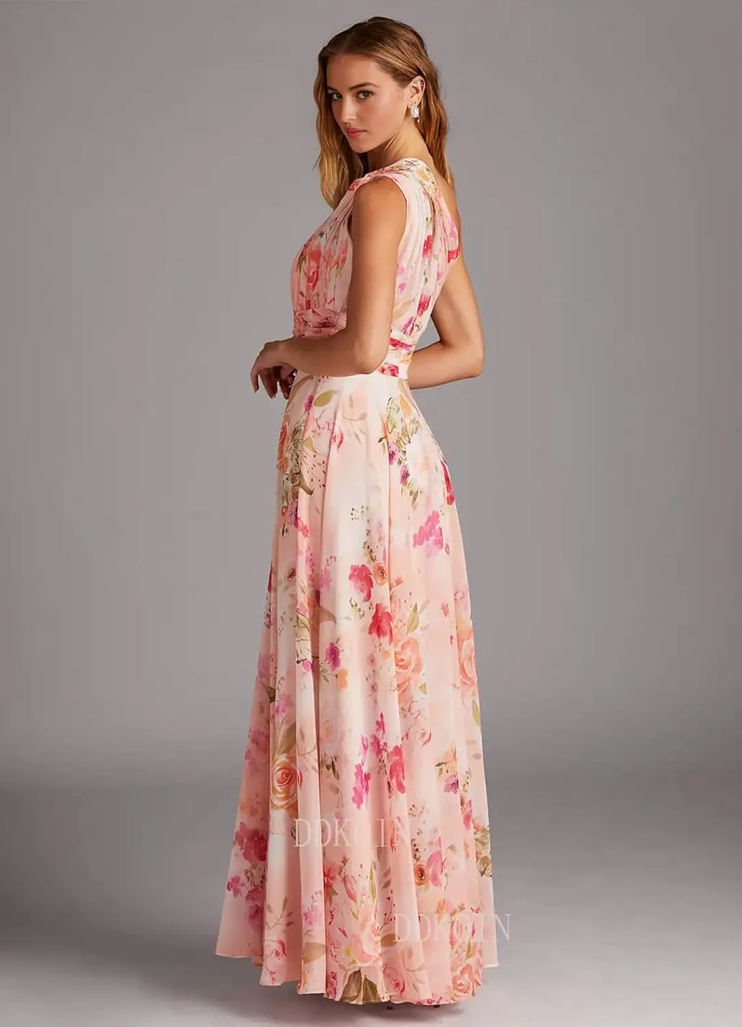 One Shoulder Bridesmaid Dresses for Women A Line Pleated Chiffon Long Formal Wedding Guest Dress with Pockets