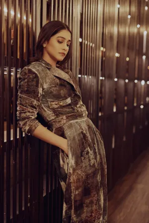 Regina Cassandra in Nirmooha's Printed Velvet Crop Blazer and Printed Velvet Pleated Pants from the Ancienne Collection