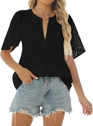 Relipop Women's Summer Eyelet Tops 2025 Dressy Casual V Neck Flutter Sleeve Hollow Out Lace Embroidered Blouses Shirts
