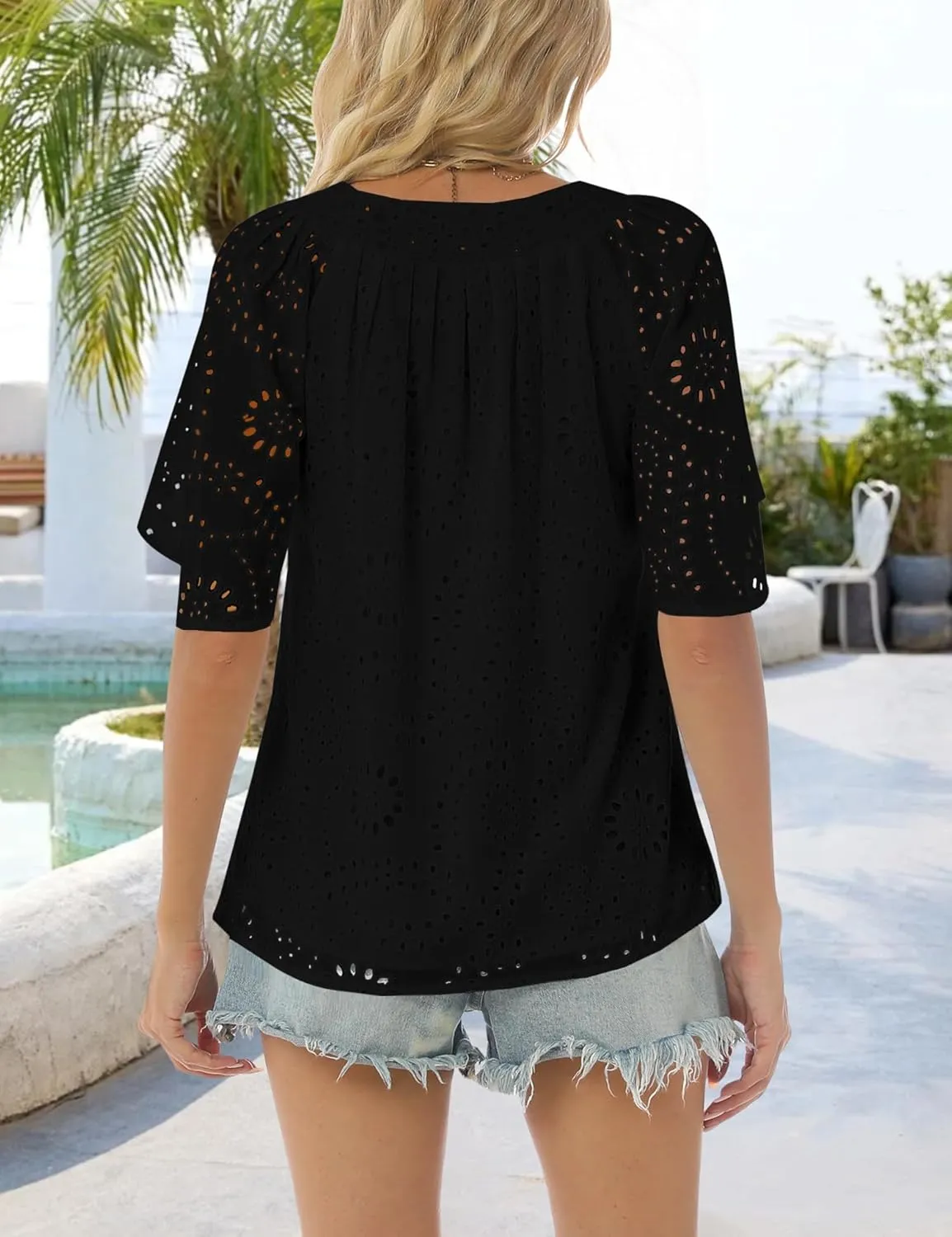 Relipop Women's Summer Eyelet Tops 2025 Dressy Casual V Neck Flutter Sleeve Hollow Out Lace Embroidered Blouses Shirts