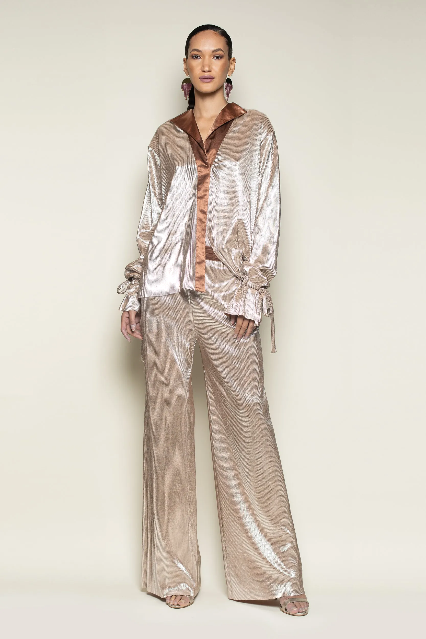 Rose Gold Pleated Wide Leg Tuxedo Pant