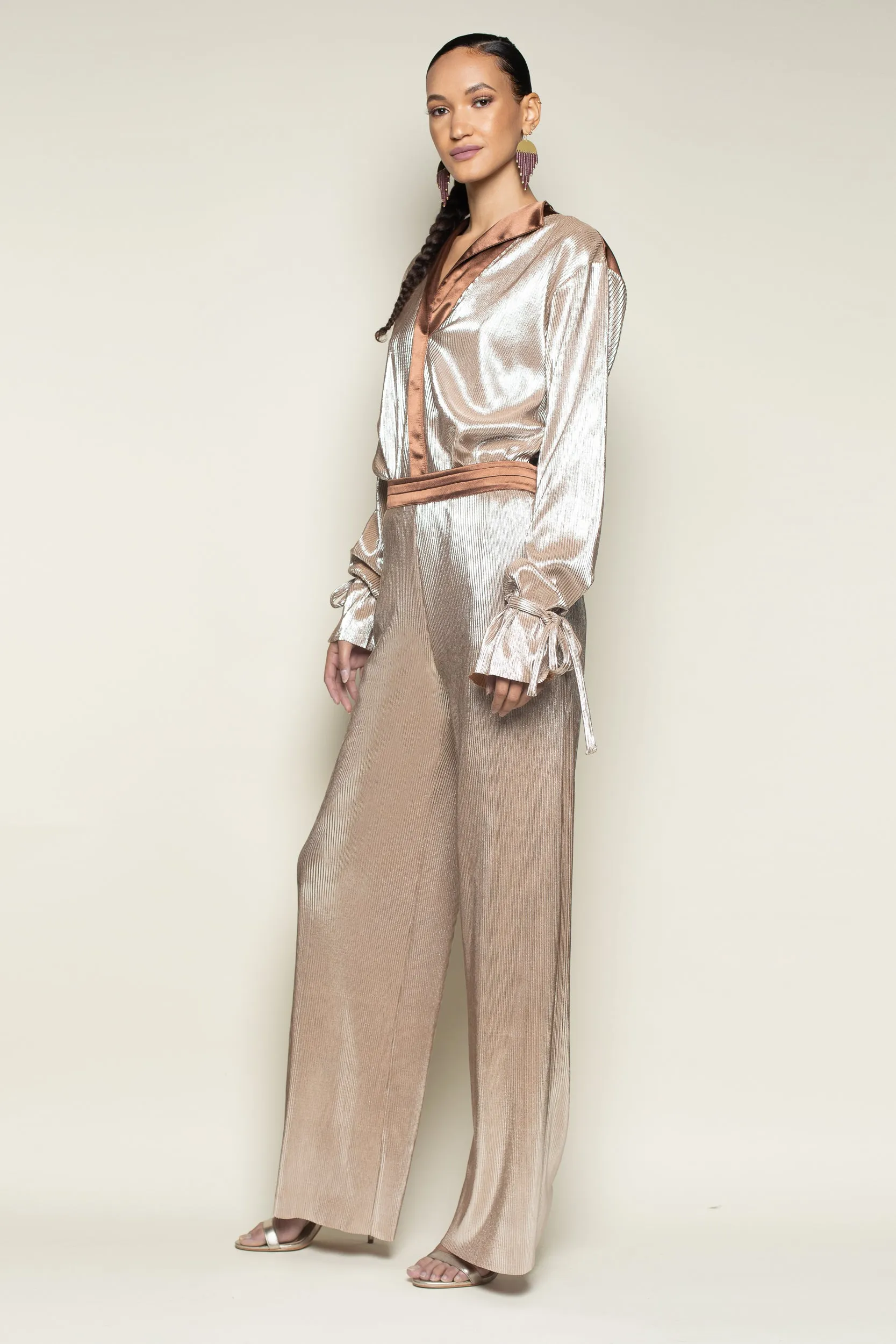 Rose Gold Pleated Wide Leg Tuxedo Pant