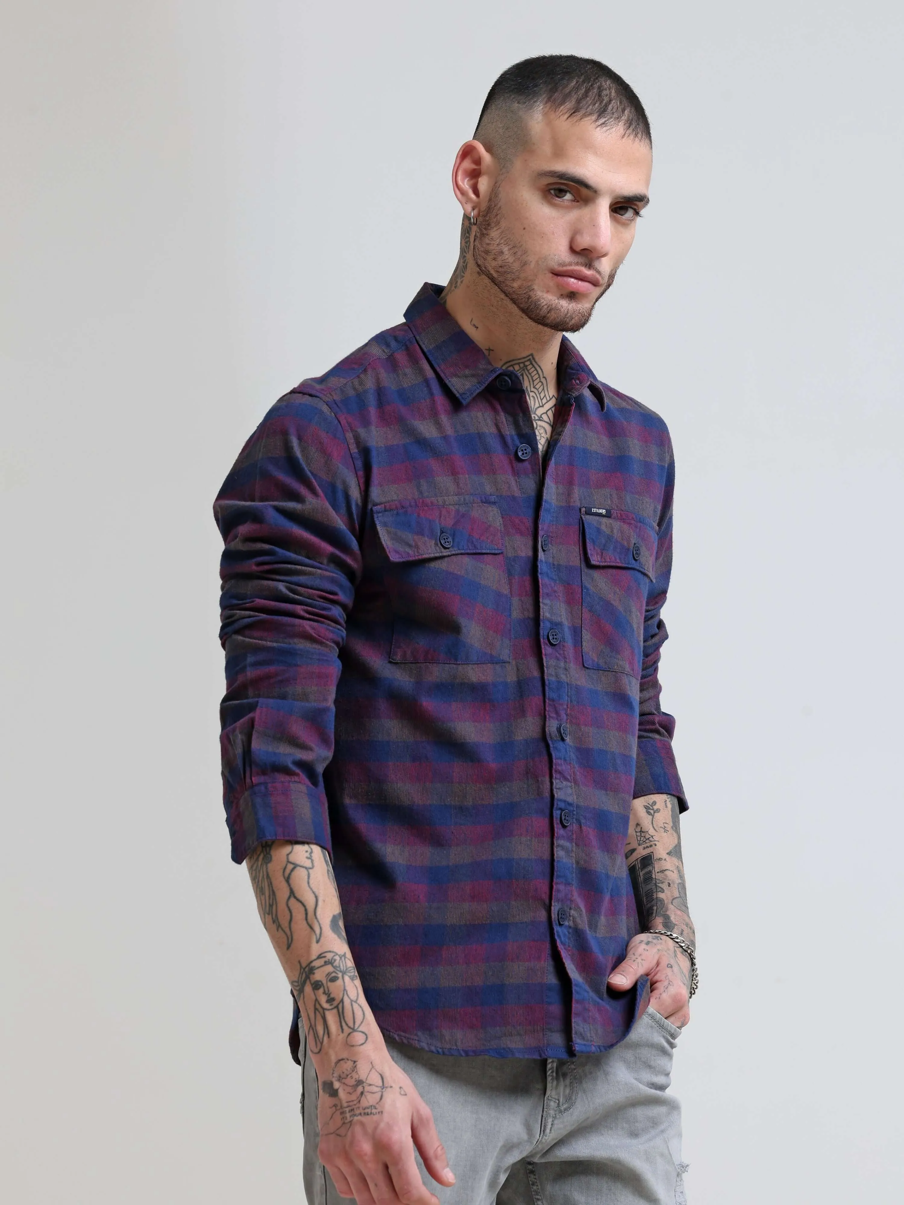 Rustic Burgundy Corduroy Checks Shirt