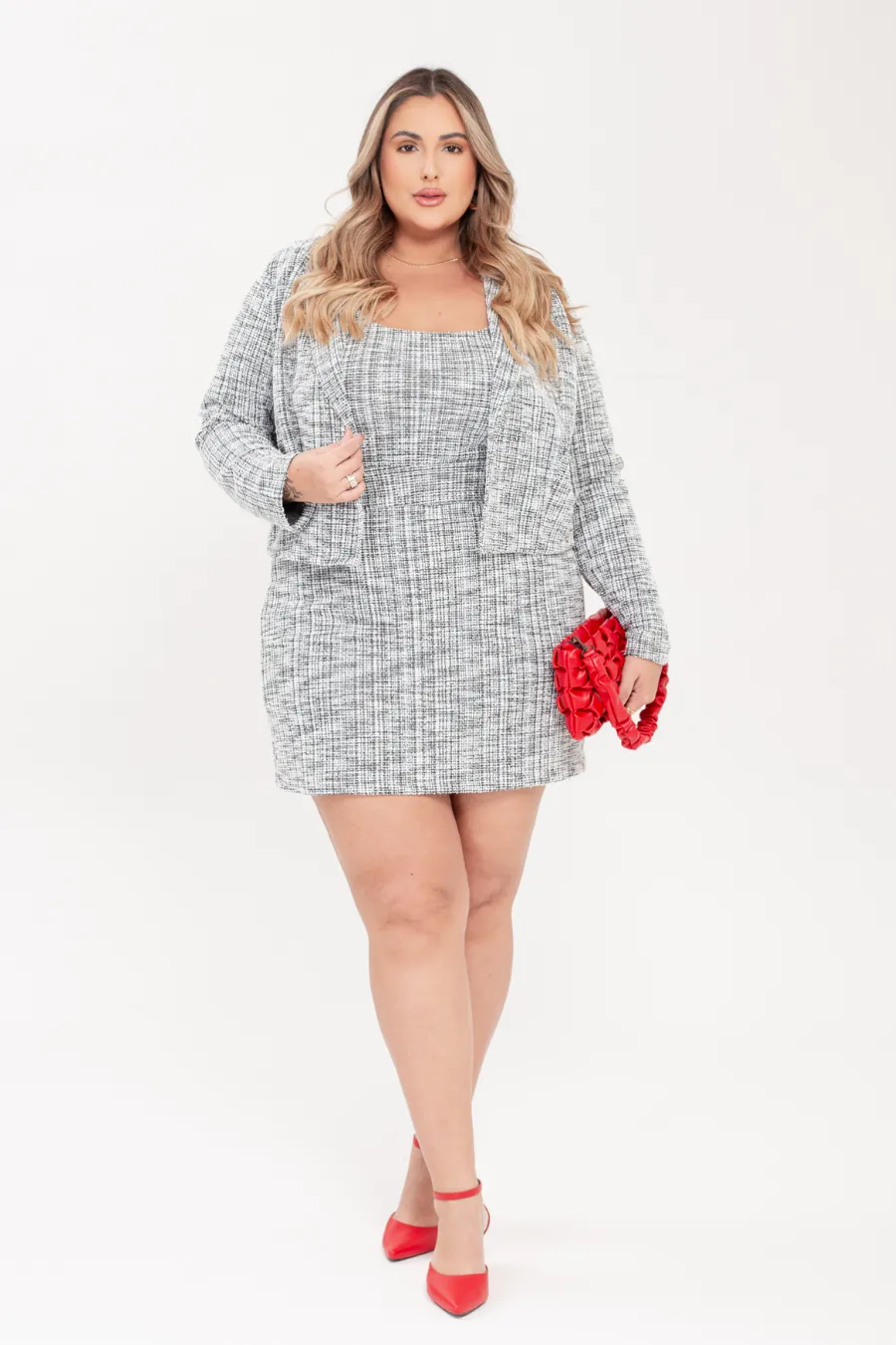 Saia Plus Size Tweed Stella Cinza