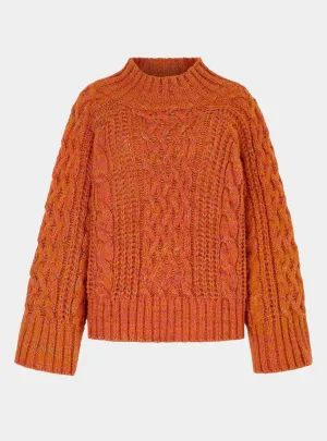 Sarah Cable Wide Sleeve Knit High Neck Jumper - Orange