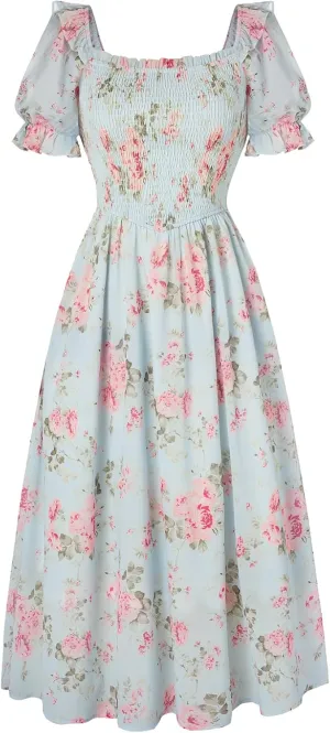 Scarlet Darkness Women's Cottagecore Dress Puff Sleeve Square Neck Flowy Smocked Maxi Dress