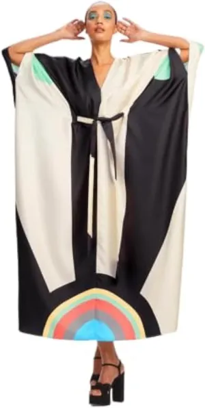Softy Silk Kaftan for Women - Modest Wear, Minimalist Wedding Dress, Caftan 5612 White (Black and White)