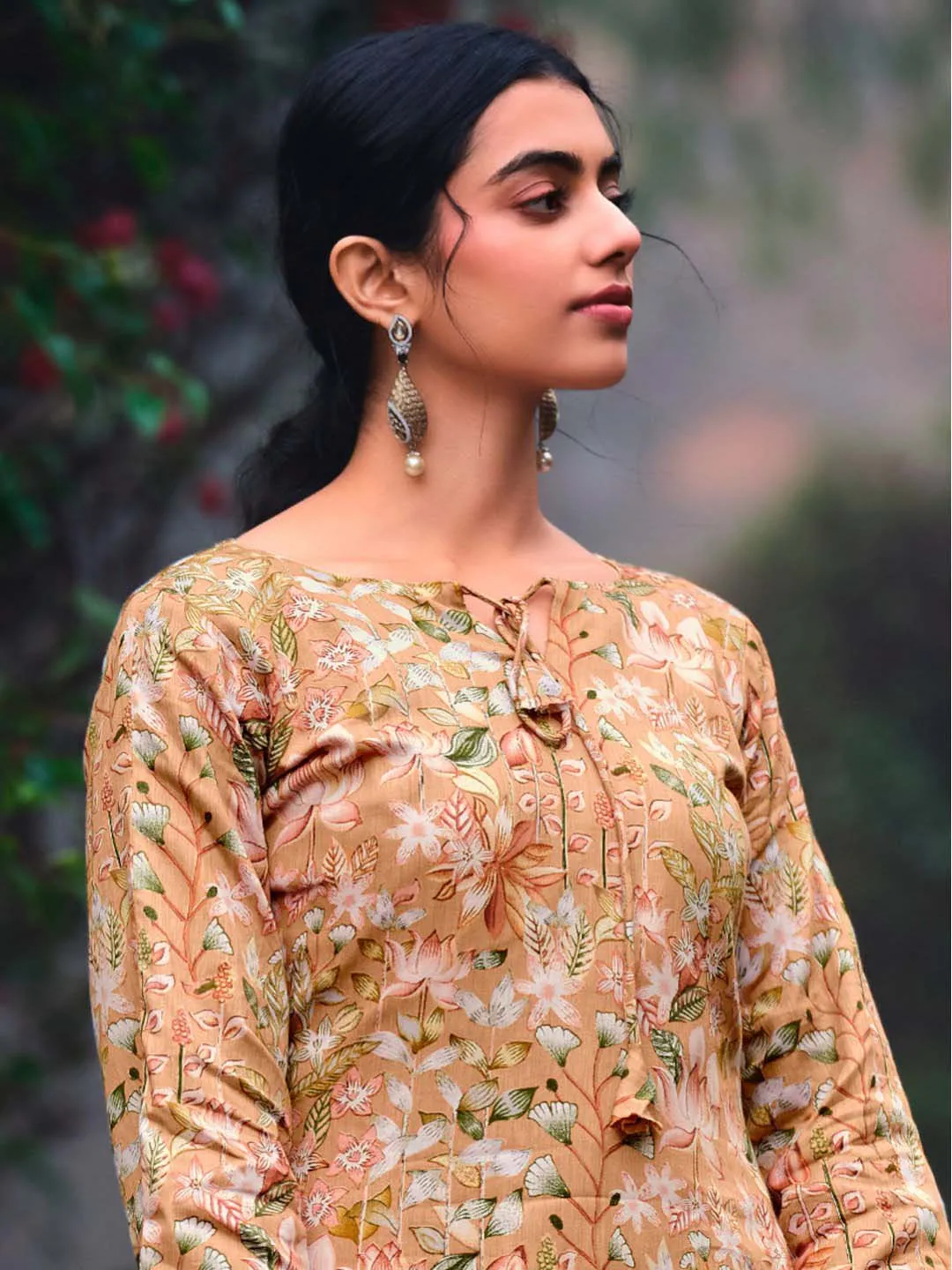 Unstitched Brown Cotton Women Suit Material with Embroidery
